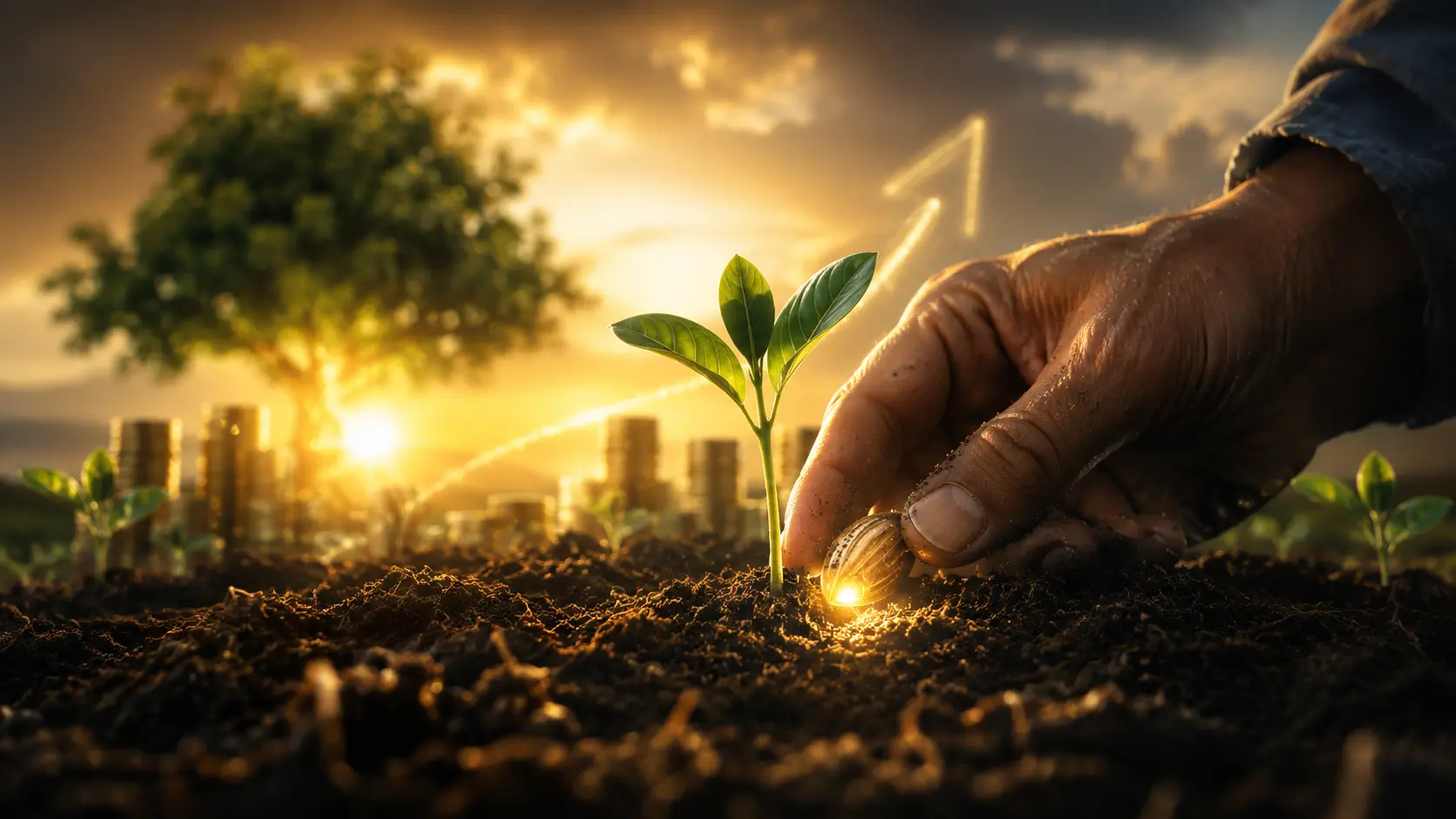A hand planting a seed in rich soil beside stacks of coins at sunrise